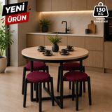 Edmonda Ev Aksesuar Atlas Yuvarlak 90 Çap Puflu 4 Kişilik Masa Takımı Balkon Masası Kahve Masası Bordo Kumaş - Açık Ceviz