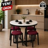 Edmonda Ev Aksesuar Atlas Yuvarlak 90 Çap Puflu 4 Kişilik Masa Takımı Balkon Masası Kahve Masası Bordo Kumaş - Beyaz Mermer