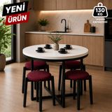 Edmonda Ev Aksesuar Atlas Yuvarlak 90 Çap Puflu 4 Kişilik Masa Takımı Balkon Masası Kahve Masası Bordo Kumaş - Beyaz