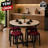 Edmonda Ev Aksesuar Atlas Yuvarlak 90 Çap Puflu 4 Kişilik Masa Takımı Balkon Masası Kahve Masası Bordo Kumaş - Traverten