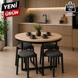 Edmonda Ev Aksesuar Atlas Yuvarlak 90 cm Puflu 4 Kişilik Masa Takımı Balkon Masası Kahve Masası Antrasit Kumaş - Açık Ceviz