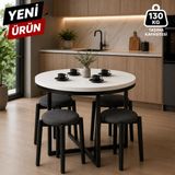 Edmonda Ev Aksesuar Atlas Yuvarlak 90 cm Puflu 4 Kişilik Masa Takımı Balkon Masası Kahve Masası Antrasit Kumaş - Beyaz