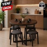 Edmonda Ev Aksesuar Atlas Yuvarlak 90 cm Puflu 4 Kişilik Masa Takımı Balkon Masası Kahve Masası Antrasit Kumaş - Koyu Ahşap