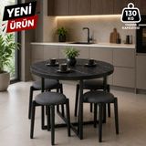 Edmonda Ev Aksesuar Atlas Yuvarlak 90 cm Puflu 4 Kişilik Masa Takımı Balkon Masası Kahve Masası Antrasit Kumaş - Siyah Mermer