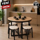 Edmonda Ev Aksesuar Atlas Yuvarlak 90 cm Puflu 4 Kişilik Masa Takımı Balkon Masası Kahve Masası Krem Kumaş - Açık Ceviz