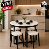 Edmonda Ev Aksesuar Atlas Yuvarlak 90 cm Puflu 4 Kişilik Masa Takımı Balkon Masası Kahve Masası Krem Kumaş - Beyaz Mermer