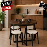 Edmonda Ev Aksesuar Atlas Yuvarlak 90 cm Puflu 4 Kişilik Masa Takımı Balkon Masası Kahve Masası Krem Kumaş - Koyu Ceviz