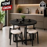Edmonda Ev Aksesuar Atlas Yuvarlak 90 cm Puflu 4 Kişilik Masa Takımı Balkon Masası Kahve Masası Krem Kumaş - Siyah Mermer