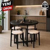 Edmonda Ev Aksesuar Atlas Yuvarlak 90 cm Puflu 4 Kişilik Masa Takımı Balkon Masası Kahve Masası Krem Kumaş - Siyah