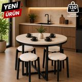 Edmonda Ev Aksesuar Atlas Yuvarlak 90 cm Puflu 4 Kişilik Masa Takımı Balkon Masası Kahve Masası Krem Kumaş - Traverten