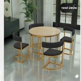 Edmonda Ev Aksesuar Melis Gold Metal Antrasit 90 cm Çap Yuvarlak Yemek Masası Takımı 4 Kişilik Balkon Masası Takımı Mutfak Masası - Açık Ceviz