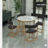 Edmonda Ev Aksesuar Melis Gold Metal Antrasit 90 cm Çap Yuvarlak Yemek Masası Takımı 4 Kişilik Balkon Masası Takımı Mutfak Masası - Beyaz Mermer