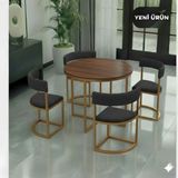 Edmonda Ev Aksesuar Melis Gold Metal Antrasit 90 cm Çap Yuvarlak Yemek Masası Takımı 4 Kişilik Balkon Masası Takımı Mutfak Masası - Koyu Ceviz