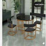 Edmonda Ev Aksesuar Melis Gold Metal Antrasit 90 cm Çap Yuvarlak Yemek Masası Takımı 4 Kişilik Balkon Masası Takımı Mutfak Masası - Siyah Mermer