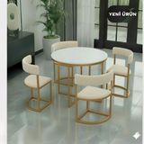 Edmonda Ev Aksesuar Melis Gold Metal Krem 90 cm Çap Yuvarlak Yemek Masası Takımı 4 Kişilik Balkon Masası Takımı Mutfak Masası - Beyaz
