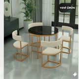 Edmonda Ev Aksesuar Melis Gold Metal Krem 90 cm Çap Yuvarlak Yemek Masası Takımı 4 Kişilik Balkon Masası Takımı Mutfak Masası - Siyah Mermer