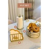 Edora Home 3’lü Set Mat Gold Kafes Peçetelik Dik Kağıt Havluluk Ayraçlı Yuvarlak Ekmek Sepeti Mutfak Seti