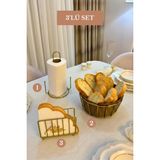 Edora Home 3’lü Set Mat Gold Kafes Peçetelik Dik Kağıt Havluluk Misketli Oval Köşeli Ekmek Sepeti Bej Mutfak Seti