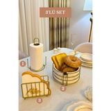 Edora Home 3’lü Set Mat Gold Kafes Peçetelik Dik Kağıt Havluluk Misketli Yuvarlak Ekmek Sepeti Mutfak Seti