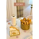 Edora Home 3’lü Set Mat Gold Kafes Peçetelik Dik Kağıt Havluluk Misketli Yuvarlak Ekmek Sepeti Mutfak Seti