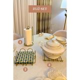 Edora Home 3’lü Set Mat Gold Kare Peçetelik Dik Kağıt Havluluk Ayraçlı Nihale Mutfak Seti