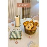 Edora Home 3’lü Set Mat Gold Kare Peçetelik Dik Kağıt Havluluk Ayraçlı Oval Köşeli Ekmek Sepeti Bej Mutfak Seti