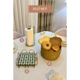 Edora Home 3’lü Set Mat Gold Kare Peçetelik Dik Kağıt Havluluk Ayraçlı Yuvarlak Ekmek Sepeti Mutfak Seti