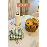 Edora Home 3’lü Set Mat Gold Kare Peçetelik Dik Kağıt Havluluk Misketli Oval Köşeli Ekmek Sepeti Bej Mutfak Seti