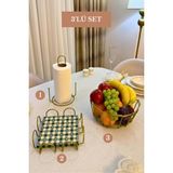 Edora Home 3’lü Set Mat Gold Kare Peçetelik Dik Kağıt Havluluk Misketli Oval Köşeli Meyve Sepeti Mutfak Seti