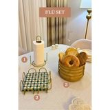 Edora Home 3’lü Set Mat Gold Kare Peçetelik Dik Kağıt Havluluk Misketli Yuvarlak Ekmek Sepeti Mutfak Seti