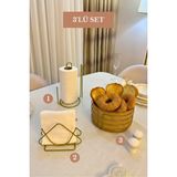 Edora Home 3’lü Set Mat Gold Üçgen Peçetelik Dik Kağıt Havluluk Ayraçlı Yuvarlak Ekmek Sepeti Mutfak Seti