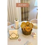 Edora Home 3’lü Set Mat Gold Üçgen Peçetelik Dik Kağıt Havluluk Misketli Oval Köşeli Ekmek Sepeti Bej Mutfak Seti