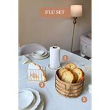 Edora Home 3’lü Set Parlak Altın Kafes Peçetelik Yuvarlak Ekmek Sepeti Yuvarlak Ekmek Sepeti Mutfak Seti