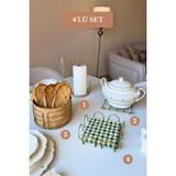 Edora Home 4’lü Set Mat Gold Kare Peçetelik Dik Kağıt Havluluk Misketli Nihale Yuvarlak Ekmek Sepeti Mutfak Seti