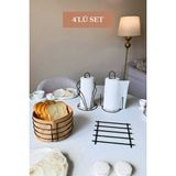 Edora Home 4’lü Set Siyah Kuğu Peçetelik Dik Kağıt Havluluk Misketli Nihale Yuvarlak Ekmek Sepeti Mutfak Seti