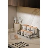 Edora Home Mat Siyah Standlı 7 Bölmeli Porselen Baharat Takımı Bambu Kapaklı Mutfak Düzenleyici - Metal Paslanmaz - Siyah - Beyaz - 1 lt