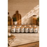 Edora Home Premium Siyah Metal Standlı 11'li Baharatlık Seti Zarif Ahşap Kapaklı Seramik Kavanoz, Dekoratif Mutfak Düzenleyici - 0,5 ml