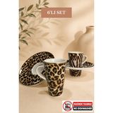 Edora Home Türk Kahvesi Fincan Takımı İçe Geçmeli Leopar Desenli 6 Kişilik 12 Parça (Makinede Yıkanmaz) - Renkli