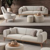 Edsy Home Rebull 3+1 Koltuk Takımı Krem Renk Modern Tasarım Ahşap Ayaklı Keten Kumaş 224 cm - Bej