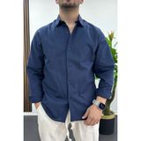 Edwox Erkek Pamuklu Keten Görünümlü Gömlek Lacivert EDW444 - 2XL