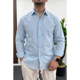 Edwox Erkek Pamuklu Keten Görünümlü Rahat Kalıp Gömlek Açık Mavi EDW444 - 2XL