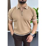 Edwox Erkek Polo Yaka Çizgili Tişört Açık Kahverengi EDW472