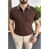 Edwox Erkek Polo Yaka Çizgili Tişört Kahverengi EDW472 - 2XL