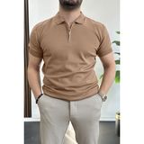 Edwox Erkek Polo Yaka Polo Yaka Fermuarlı Düz Tişört Koyu Yeşil EDW261 - Kahverengi - 2XL