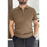 Edwox Erkek Slim Fit Fermuarlı Polo Yaka Tişört Açık Kahve EDW452 - Açık Kahverengi - XL