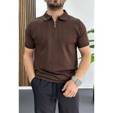 Edwox Erkek Slim Fit Fermuarlı Polo Yaka Tişört Kahverengi EDW452 - XL