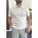 Edwox Erkek Yakası ve Kolu Nakış Detaylı Polo Yaka Fermuarlı Tişört Beyaz EDW392