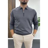 Edwox Erkek Yarım Fermuarlı Düz Desen Polo Yaka Kazak Antrasit EDW424 - XL