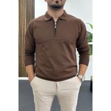 Edwox Erkek Yarım Fermuarlı Düz Desen Polo Yaka Kazak Kahverengi EDW424 - 2XL