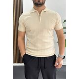 Edwox Krem EDW452 Erkek Slim Fit Fermuarlı Polo Yaka Tişört